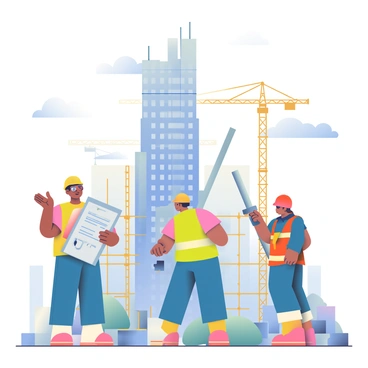 A group of architects and builders from various cultures is collaborating on the construction of a skyscraper. In the foreground, an architect with dark skin and glasses is holding blueprints, gesturing towards the structure. Next to him, a builder with light skin and a hard hat is measuring a steel beam with a tape measure. A female architect with medium skin and a bright yellow safety vest is discussing plans with a builder wearing a red hard hat. Scaffolding surrounds the skyscraper, and construction materials such as steel beams and concrete blocks are visible scattered around the site. In the background, cranes are lifting materials toward the upper floors of the building. The sky above is clear with a few clouds.