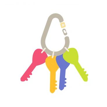 A metallic carabiner designed as a keychain hangs prominently. The carabiner features a shiny silver finish with a secure locking mechanism. Attached to the carabiner are several colorful keys, each with a distinct shape and vibrant hue. There is a bright red key, a sunny yellow key, a deep blue key, and a lush green key, all arranged neatly and clinking together. The keys have small tags that display different icons, adding extra detail to the overall image. The background consists of a simple, neutral color to ensure the focus remains on the keychain and its vivid keys.