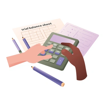 Hands using a calculator with a trial balance sheet nearby