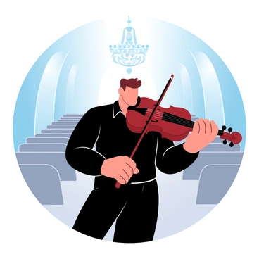 A musician is holding a violin under their chin, playing intently. They are dressed in formal concert attire, wearing a black shirt and trousers. The musician's posture is focused, with their shoulders slightly tilted forward. The concert hall around them is empty, with rows of vacant seats in the background. The wooden stage is illuminated by soft lighting, highlighting the musician and the violin. The walls of the concert hall are lined with elegant paneling, and a grand chandelier hangs from the ceiling.