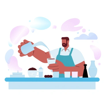 A barista is standing behind a coffee counter, skillfully pouring steamed milk into a cup of freshly brewed coffee. The cup is filled with rich, dark liquid, and a delicate latte art design is visible on top, featuring intricate swirls and patterns. The barista is wearing an apron and has a focused expression, while various coffee-making tools and beans are arranged neatly on the counter surrounding them. Soft ambient lighting enhances the inviting atmosphere of the coffee shop.