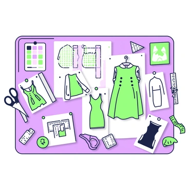 A designer's illustration board is prominently displayed, fully covered with an array of fashion sketches and fabric swatches. The sketches include various clothing designs, showcasing dresses, jackets, and accessories, each with detailed outlines and annotations. Scattered among the sketches are fabric swatches in different textures, sizes, and patterns, providing a tactile contrast to the smooth paper of the sketches. In one corner of the board is a pinned color palette consisting of small squares, while a pair of scissors and a measuring tape rest on the side, suggesting an ongoing design process. The overall composition conveys a vibrant and creative environment focused on fashion design.