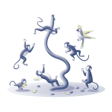 A vibrant scene featuring several monkeys and parrots engaged in a limbo game underneath a thick, twisting vine. The monkeys are swinging from the vine, with one monkey bending backward, trying to pass under it while another monkey cheers from the side. The parrots, perched on branches nearby, are watching intently, with some tilting their heads in curiosity. The ground is covered with fallen leaves and small stones, adding texture to the playful atmosphere of the scene. The overall composition captures the lively interaction of the animals in this spirited game.