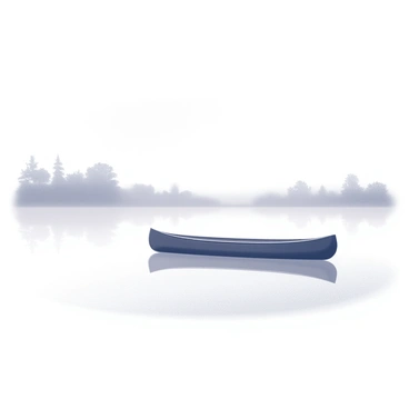 A solitary canoe is gently gliding across a lake, surrounded by a thick layer of morning fog that obscures the distant shoreline. The canoe's silhouette is clearly visible against the pale mist. The water is calm and reflects the soft light filtering through the fog, creating a smooth surface. In the background, indistinct shapes of trees and the outline of a low horizon are barely discernible due to the heavy fog. The atmosphere feels quiet and tranquil as the canoe moves steadily forward.