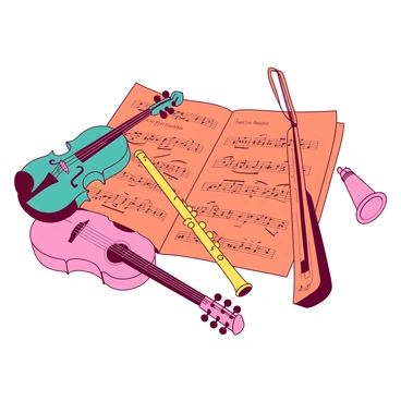 An orange page filled with intricate musical notes is laid out on a white 1/2 size illustration board. Various musical instruments are arranged around the notes, including a teal violin, a yellow flute, and a pink guitar. Each instrument is depicted in detail, showcasing their features such as the strings of the violin and the keys of the flute. The notes are scattered across the page, some connected by curved lines that represent melodies. The overall composition creates a vibrant and harmonious display of music.
