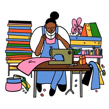 A tailor sewing a custom dress in a workshop filled with fabric rolls