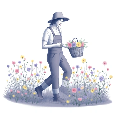 A farmer is walking through a field filled with an abundance of wildflowers. The farmer is wearing a wide-brimmed straw hat to shield from the sun and sturdy work boots designed for outdoor terrain. Their hands are reaching down, carefully gathering colorful blossoms, while the other hand holds a woven basket that is nearly full. The wildflowers around them vary in height and form, creating a vibrant tapestry of blooms. The scene conveys the farmer's connection to nature and the care they take in selecting the most beautiful flowers.