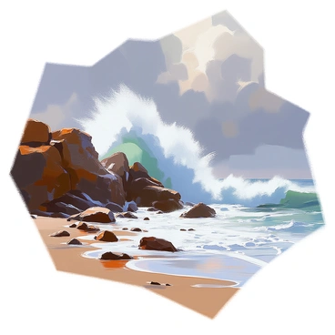 A dramatic scene depicting rough seas with towering waves crashing against a rugged rocky shore. The waves are frothy and white, rising high into the air as they collide violently with the jagged rocks. The sky above is filled with dark, brooding clouds, casting shadows over the tumultuous waters below. The shoreline is scattered with wet stones and sea spray, creating a sense of movement and power in the scene. In the distance, hints of more waves can be seen, building up for their next crash against the coastline.