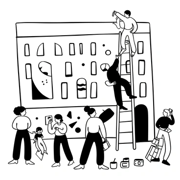 A group of artists is standing in front of a large city building, engaged in painting a mural. One artist is using a tall ladder to reach the upper section of the mural, while another artist is on the ground mixing paint on a palette. Several paint cans are scattered around, along with brushes and tools. The mural features vibrant abstract designs and shapes, covering a significant portion of the building's wall. A few onlookers are watching the artists at work, some taking photos of the lively scene.