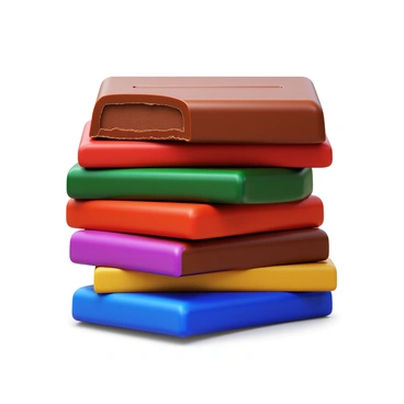 A stack of 8 chocolate bars, with 7 chocolate bars unwrapped and displaying rich, dark chocolate. The first bar on top has its wrapper removed, revealing the glossy surface of the chocolate. The stack is neatly arranged, showcasing a mix of shiny wrappers in various colors for the unwrapped bars. Each bar is partially obscured by the others, emphasizing the number "8" formed by the entire stack and the fraction "7" highlighted by the unwrapped bars. The scene is well-lit to accentuate the textures of the chocolate and wrappers.