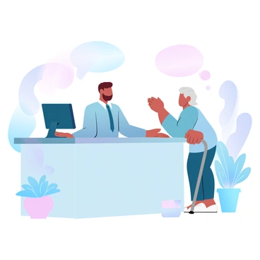 A receptionist offering support and assistance to an elderly visitor with a friendly demeanor.