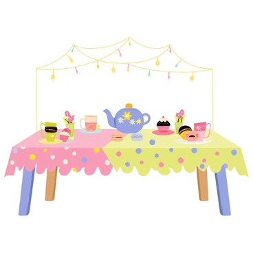 A whimsical tea party table set with an assortment of sweets and teacups