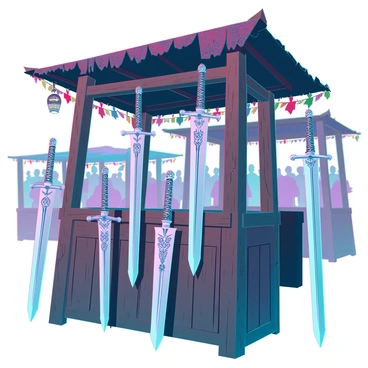 An ancient marketplace stall made of weathered wood, showcasing a variety of exotic swords. The stall has a rustic canopy adorned with colorful textiles and intricate patterns. Each sword has a unique design, with ornate hilts featuring gems and metal engravings. The blades vary in length and shape, reflecting different cultures. Intricate scabbards are displayed beside the swords, showcasing craftsmanship. A backdrop of bustling market activity, with blurred figures of shoppers and vendors, enhances the atmosphere. Sunlight filters through the fabric, casting shadows on the stall.