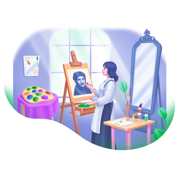 An artist is standing before a canvas, intently painting a portrait for a "carte de visite." The studio is filled with 19th-century decor, including an ornate wooden easel, a palette of vibrant colors, and brushes of various sizes placed in a holder. Sunlight streams through a large, arched window, illuminating the scene. The artist wears a traditional smock and has thoughtful expression while blending colors on the canvas. In the background, a tall Victorian-style mirror reflects parts of the studio, adding depth to the composition. A small wooden table nearby holds an assortment of paint tubes and a few scattered sketches. The atmosphere is vibrant with the colors of the paints and the warm tones of the wooden furnishings.