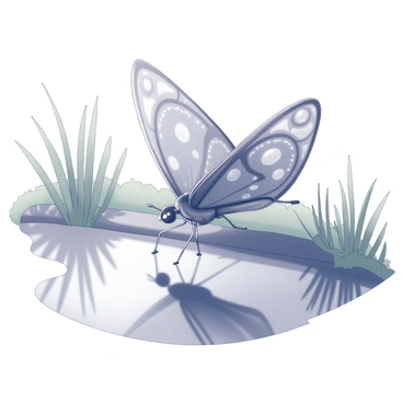 A large luna moth perched on the edge of a calm pond. Its wings are fully spread, showcasing their distinctive shape and features. The pond's surface mirrors the moth's intricate patterns and delicate details, creating a symmetrical reflection. Surrounding the pond are lush green plants and soft grasses, enhancing the serene atmosphere of the scene. The soft light illuminates the moth, highlighting its unique characteristics as it gazes at its reflection.