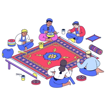 A group of artisans is sitting on the floor, focused on weaving a large, colorful carpet. The carpet features intricate traditional Islamic motifs, including geometric patterns and floral designs in vibrant shades of red, blue, and gold. Each artisan is using a loom, skillfully threading bright yarns as they collaborate on the design. The scene is filled with various tools and spools of thread scattered around them, along with a couple of finished carpets displayed nearby. The artisans are dressed in traditional clothing, reflecting the cultural heritage of the craft.