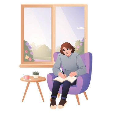 A person sitting on a comfortable chair by a large window. The individual has curly brown hair and is wearing a light blue sweater and dark jeans. The sunlight is streaming through the window, casting warm light onto the room. In their lap is an open journal, where they are writing with a black pen. The person has a thoughtful expression on their face. There is a small wooden table next to the chair, holding a steaming cup of tea and a potted plant with green leaves. The view outside the window shows a garden with colorful flowers under a clear blue sky.