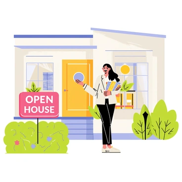 A real estate agent stands by the entrance of a modern home, smiling warmly as she welcomes visitors. She is dressed in a professional outfit, holding a stack of colorful brochures in one hand. The open house sign is prominently displayed in front of the house. Lush green bushes and flowers decorate the walkway leading to the door. Inside the house, glimpses of contemporary furniture and bright, inviting decor can be seen through the large windows.