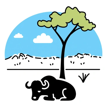 A large buffalo with a dark coat is resting on the ground. The buffalo is positioned under the shade of a tall acacia tree, which has a wide canopy and distinctive flat-topped branches. The background features an expansive African savanna with tall grass and sparse bushes. A clear blue sky stretches overhead, with a few fluffy clouds scattered throughout the scene.