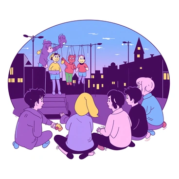 A group of children is gathered around a street puppeteer who is performing with colorful puppets. The puppeteer stands on a small wooden platform, holding strings that control the movements of the puppets, showcasing a lively scene. The children, a mix of boys and girls, are sitting cross-legged on the ground, their eyes wide with excitement and wonder as they watch the show. The sky is transitioning to a darker shade, indicating that dusk is falling, and the streetlights are beginning to glow softly. Some of the children are wearing jackets, and a few are holding small snacks, enhancing the lively atmosphere of the evening.