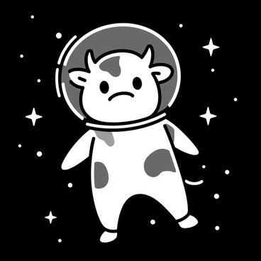 A cow, depicted with a white and black patchy pattern, is wearing a shiny silver space suit that covers its entire body. The suit has a clear helmet, allowing its large eyes to be visible. The cow is floating in a dark, star-studded space, surrounded by various small twinkling stars. The overall composition features the cow at the center, with the vastness of space enveloping it, showcasing a sense of weightlessness.
