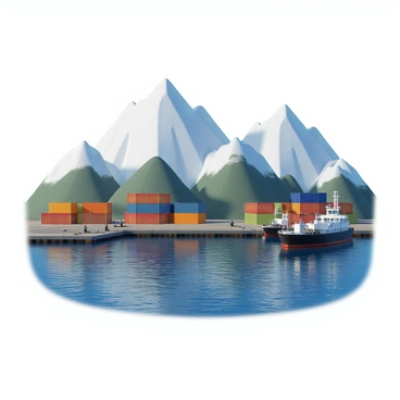 A small port with a calm blue harbor, nestled among tall snow-capped mountains that rise majestically in the background. The port features several colorful shipping containers stacked neatly, ready for transport. There are a couple of cargo ships docked at the pier, with their loading cranes extended. The scene is bathed in natural daylight, highlighting the crisp white snow on the mountain peaks and the vibrant colors of the containers, creating a striking contrast. The water in the harbor reflects the surrounding landscape, enhancing the tranquil atmosphere of the setting.