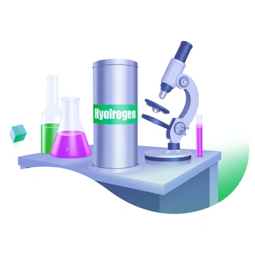 A sturdy metal cylinder labeled "Hydrogen" in bold, clear letters. The cylinder is positioned upright on a sleek laboratory table. In the background, there are various laboratory equipment pieces, including flasks, beakers, and a microscope. The environment is well-lit, showcasing a clean and organized workspace.