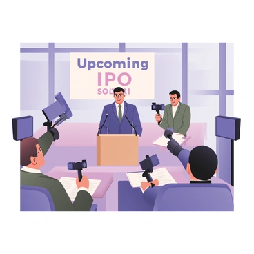 A digital flat illustration featuring a CEO standing behind a podium at a press conference. The CEO is wearing a tailored navy suit, with short black hair and a confident expression. A microphone is positioned in front of them, and a large banner with the text "Upcoming IPO" is displayed in the background. Cameras from journalists are pointed towards the CEO, and a few reporters are sitting at tables with notepads and laptops. The setting includes a modern conference room with large windows allowing natural light to come in. The audience is attentive, with focused expressions.