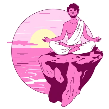 A pink yogi is sitting cross-legged on the edge of a rocky cliff. The yogi has a peaceful expression and is dressed in flowing white robes. In the background, the sun is rising, casting a warm glow across the sky filled with orange and pink hues. Below the cliff, the ocean is gently waving, reflecting the colors of the sky. The rocky surface of the cliff is rugged, with patches of green vegetation clinging to the edges.