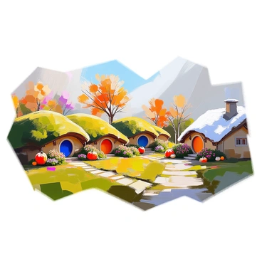 A panoramic view of Hobbiton showcasing the transition through the seasons. On the left, it is spring with vibrant green hills dotted with colorful wildflowers in full bloom. Hobbit holes with round doors and window boxes overflowing with flowers are nestled into the landscape. The middle section depicts the warm colors of autumn, with golden leaves cascading from the trees and pumpkins scattered around the lush green fields. On the right, winter has settled in, blanketing the landscape in a layer of snow. The Hobbiton village is quiet, with smoke rising from chimneys and icicles hanging from rooftops. The scene captures the charm of each season, blending seamlessly into one another.