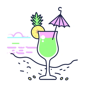 A coupe glass filled with a vibrant tropical drink is placed on a sandy beach. The drink has a colorful appearance, topped with a slice of pineapple resting on the rim. Next to the pineapple slice, a tiny umbrella is inserted into the drink, adding a festive touch. The sandy surface around the glass shows small footprints, and in the background, there are faint outlines of gentle waves lapping against the shore.