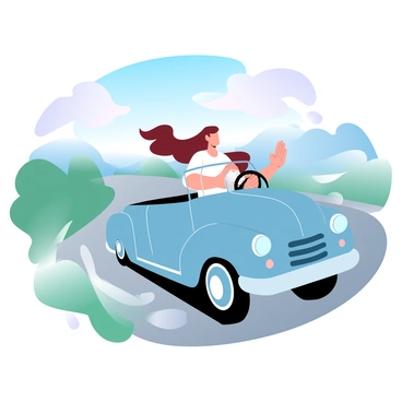 A woman with long flowing hair is driving a vintage convertible car with the top down. The car has a shiny chrome finish and a classic design. The woman's hair is being blown back by the wind, creating a dynamic movement. The background features a clear blue sky with soft, gradient pastel colors, enhancing the vibrant atmosphere. The road ahead is winding and surrounded by lush greenery, adding to the sense of freedom and adventure.
