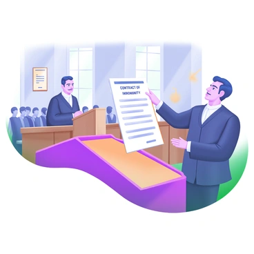 A courtroom scene featuring a lawyer standing confidently at a wooden lectern, presenting a "Contract of Indemnity" to a judge seated at the front of the room. The judge, dressed in a black robe, has a focused expression while looking at the document. Surrounding them are rows of wooden benches filled with spectators, and the walls are adorned with framed legal statutes. Soft natural light filters through tall windows, highlighting the details of the courtroom. The lawyer gestures towards the contract, which is prominently displayed on the lectern, showing clear text and intricate formatting.