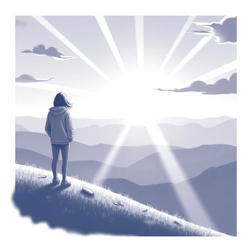 A person standing on a hilltop with a panoramic view of the landscape below. The individual is silhouetted against the horizon, which is illuminated by the rising sun. The sky is filled with intricate patterns of clouds, while rays of light stretch outwards, creating a striking visual impact. The hilltop is grassy, with a few scattered rocks, and the person is dressed in casual attire, possibly a light jacket. Their hair gently sways in the morning breeze as they gaze towards the horizon.