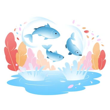 Flying fish are breaching the surface of a lake. The water is creating splashes as the fish leap into the air. The lake is bordered by vibrant autumn foliage in shades of red, orange, and yellow. The background features trees with leaves falling gently to the ground. Sunlight filters through the branches, casting soft reflections on the water's surface.