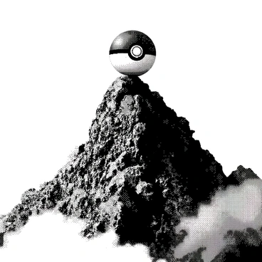 A "Pokéball" is positioned on the peak of a rugged mountain. The mountain's rocky surface is detailed, showcasing various textures and elevations. Below the peak, a dense layer of clouds blankets the lower landscape, creating a soft contrast against the sharp edges of the mountain. The sky overhead is clear, emphasizing the height and isolation of the mountain peak. The "Pokéball" appears prominently at the center of the image, conveying a sense of achievement and adventure.