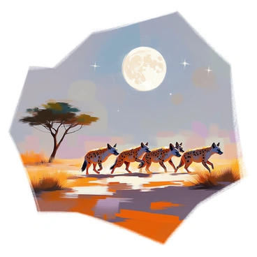 A pack of hyenas moving stealthily across the open landscape of the Sahel, illuminated by the soft glow of the moonlight. The hyenas are a mix of spotted individuals, their fur blending into the sandy terrain, with their eyes glinting as they scan the surroundings. The moon hangs high in the night sky, casting shadows on the sparse vegetation, including tufts of grass and scattered acacia trees. The atmosphere is still, with a few stars twinkling above, providing a sense of calm as the pack navigates through the night.