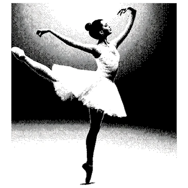 A ballerina is captured mid-performance, displaying her grace and poise. She has an elegant posture with one leg raised, showcasing her flexibility. Her arms are gracefully positioned above her head. She is wearing a flowing tutu that billows around her as she moves. Her hair is tied back in a neat bun. The background features the outlines of a stage and a spotlight illuminating her figure, emphasizing the delicate details of her costume.