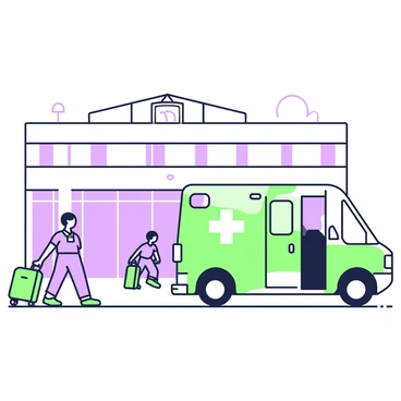 A medical transport van is parked outside an airport terminal, positioned near the entrance. The van has visible medical symbols on the sides, indicating its purpose. In front of the van, an airport terminal building looms, featuring large glass windows and a roof with a modern design. A few people are seen walking towards the terminal, carrying luggage. Nearby, a staff member in scrubs stands by the rear doors of the van, preparing to assist with a patient transfer. The scene conveys an atmosphere of readiness and urgency.