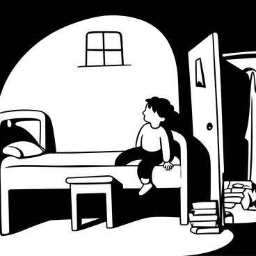 A young boy with dark hair sitting on a simple bed in a dimly lit orphanage room. The room has bare walls with peeling paint and a small window allowing faint light to enter. Shadows loom around him, creating a sense of isolation. There is a wooden chair pushed against the wall and a small stack of books on the floor beside the bed. The atmosphere feels heavy, with the boy gazing pensively into the distance, lost in thought.