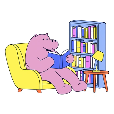 A hippopotamus with a pinkish-gray skin tone is sitting comfortably in a large, plush armchair. The chair is upholstered with a warm yellow fabric, and it has armrests that curve gently. The hippopotamus is holding an oversized book with a blue cover, its pages filled with colorful illustrations. Surrounding the hippopotamus are tall shelves filled with a variety of books, each spined in different colors. A warm light is emanating from a desk lamp placed on a small wooden side table next to the chair, casting a cozy glow over the scene.