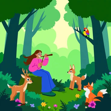 A dense, mystical forest filled with tall, lush trees that have vibrant green leaves. Sunlight filters through the branches, creating dappled light on the forest floor. In the center, a flute player, a young person with long flowing hair, is sitting on a large moss-covered rock. They are playing a wooden flute with a joyful expression. Surrounding the flute player are various enchanted animals, including a curious deer with large, bright eyes, a playful fox with a bushy tail, and a colorful parrot perched on a nearby branch. The animals are attentively listening, showcasing a sense of wonder and enchantment in their expressions. Wildflowers and ferns decorate the ground, adding pops of color to the scene.