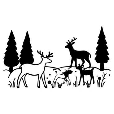 A family of deer stands in a meadow, with two adult deer and two fawns grazing on the grass. The meadow is dotted with wildflowers, and the grass sways gently. Surrounding the meadow are tall pine trees, their distinct needle-like leaves creating a textured backdrop. The composition captures the harmony of nature with the deer calmly feeding amidst this serene environment.