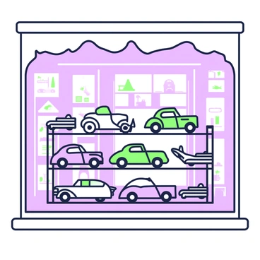 A window display features a variety of miniature models of vintage cars arranged neatly on multiple levels. The background behind the cars showcases a softly lit interior, with shelves holding additional model cars and automotive memorabilia. Each miniature car is vividly detailed, with chrome accents and classic designs reminiscent of their original full-sized counterparts. The window is framed with a decorative trim, enhancing the display with a touch of elegance. Soft reflections on the glass add depth to the scene, drawing attention to the intricate craftsmanship of the models.