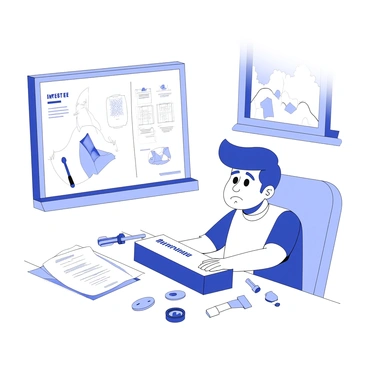 A character is seated at a cluttered desk, looking worried as they examine a broken project labeled "investment." The character has furrowed brows and pursed lips, showing their concern. Papers are strewn about the desk, with sketches and notes related to the project partially visible. There are tools and spare parts alongside the project, indicating an attempt to repair it. A nearby wall features a whiteboard filled with diagrams and calculations, adding to the atmosphere of urgency and frustration. A window in the background reveals a glimpse of a cloudy sky, enhancing the mood of uncertainty.