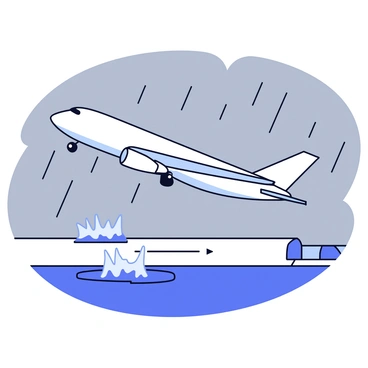 A plane taking off from a runway during a rainstorm with water splashing