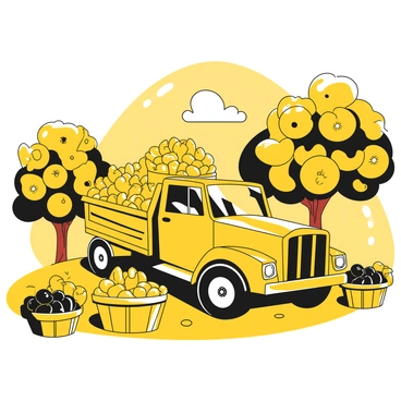 A large truck parked in an orchard, filled with baskets of yellow and black fruit. The truck is positioned on a dirt path surrounded by rows of fruit trees. The baskets are overflowing with an assortment of freshly picked fruit, showcasing their vibrant colors. Sunlight filters through the branches of the trees, casting shadows on the ground. In the background, a few trees are laden with ripe fruit, and a gentle breeze rustles the leaves.