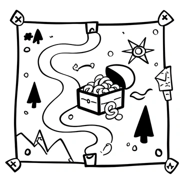 A treasure map with detailed markings and symbols, featuring a winding path leading to a location marked with an "X." In the center of the map, there is an illustration of an open chest overflowing with "golden bretzels," their twisted shapes and intricate textures clearly visible. Surrounding the chest are drawings of trees, mountains, and a river, adding to the adventurous feel of the map. Decorative compass rose in one corner enhances the overall design.