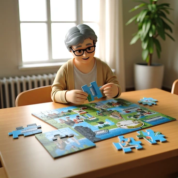 A jigsaw puzzle spread out on a wooden table, with several pieces currently being assembled. The pieces show vivid illustrations of various retirement activities, including "traveling the world," "gardening," "playing golf," and "painting landscapes." A person with gray hair and glasses is focused on fitting two pieces together, while a few completed sections of the puzzle are visible nearby. The atmosphere is warm, with soft natural light illuminating the scene from a nearby window.