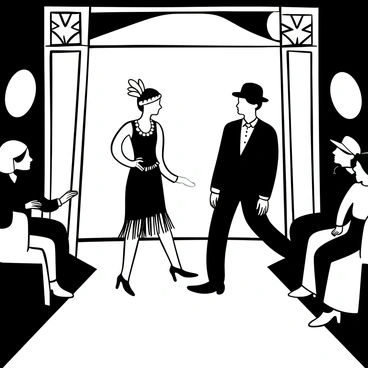 A runway scene featuring models showcasing outfits from the 1920s. The first model is wearing a flapper dress embellished with fringes, paired with a headband adorned with feathers. The second model is in a tailored suit, complete with knickers and a bowler hat. The backdrop consists of elegant Art Deco designs and geometric patterns. There are spotlights shining down on the runway, highlighting the intricate details of the garments. Spectators dressed in period-appropriate attire are seated on either side, observing the fashion display.